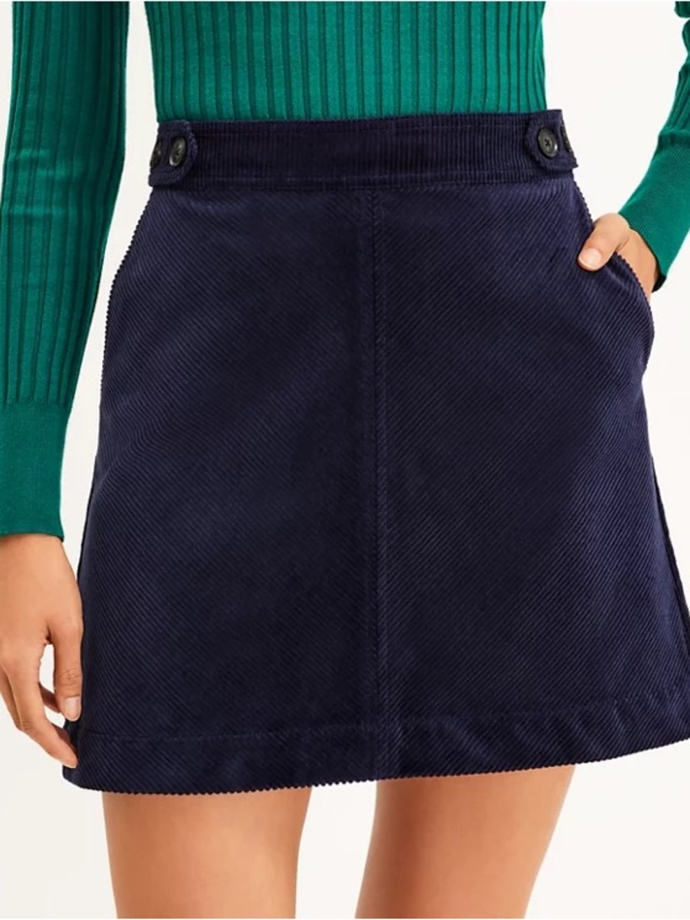 LOFT Navy Corduroy A-Line Skirt with Button Waist Detail